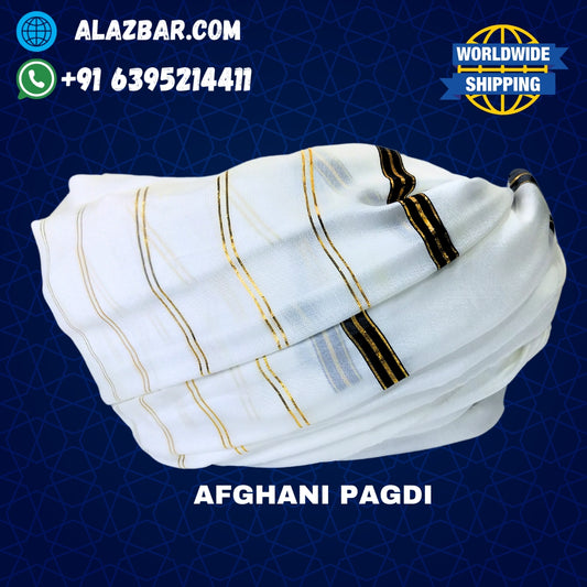 Afghani Original White colour pagdi with golden line's , Turban, Amama, Safa  (5 to 8 meter ) by AL-AZBAR