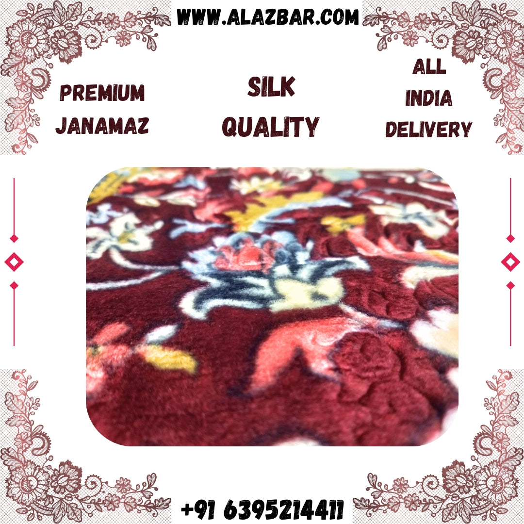 toheed janamz red Floral and kaba printed Designer Velvet Chenille Super Soft Rectangular Janamaz Namaz Prayer Mat  by al azbar (70 x 110 cm) (Model No. SAL-0003) J